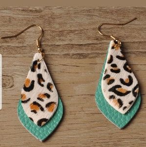 Boho Leather Leopard print Tear Drop Leaf Earrings